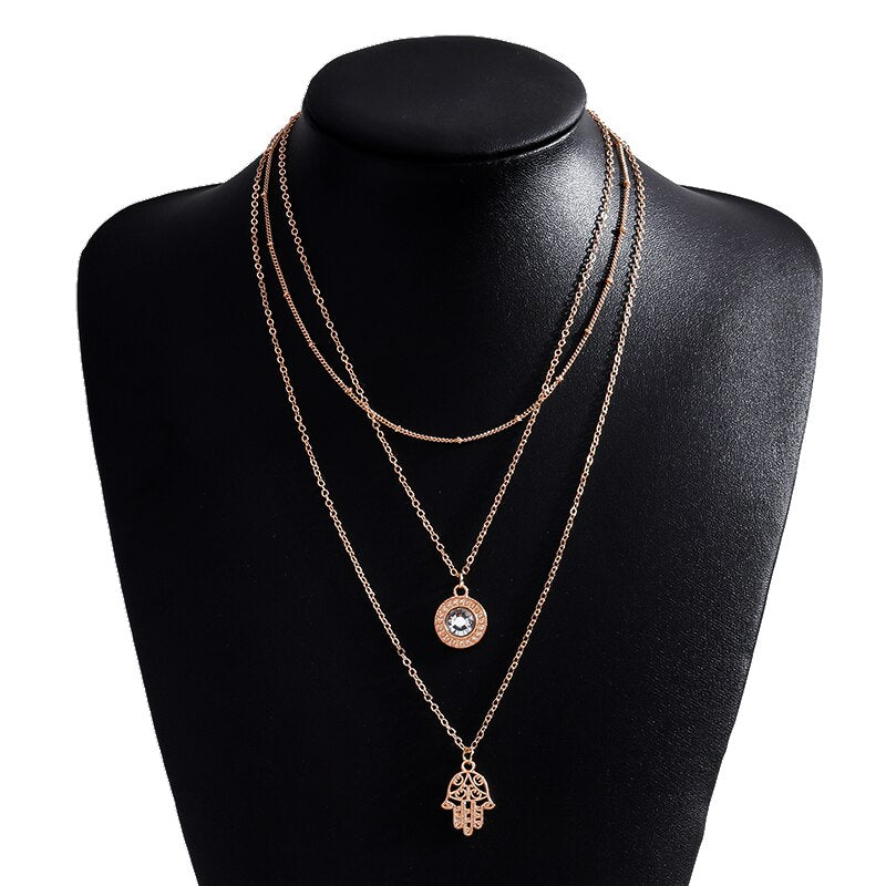 Lucky Fatima Hamsa Hand Necklaces for Women Crystal Pendant Jewelry Gold Silver Color Multi-Layer Chain Necklace