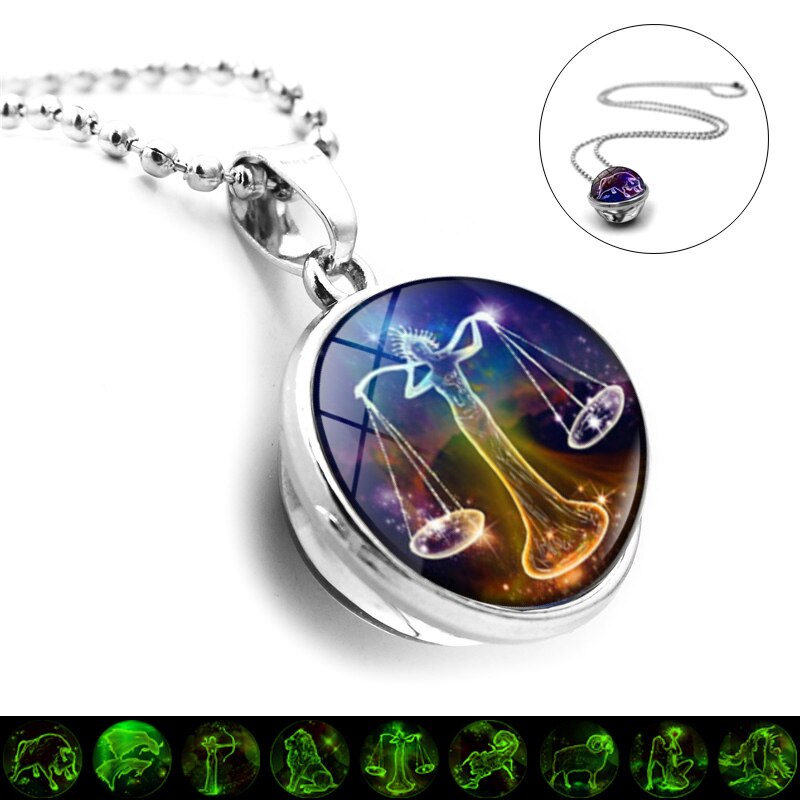 Luminous 12 Zodiac Signs Necklace Double Sided Glass Ball Pendant Gemini Virgo Cancer Aries Constellation Necklace Birthday Gift