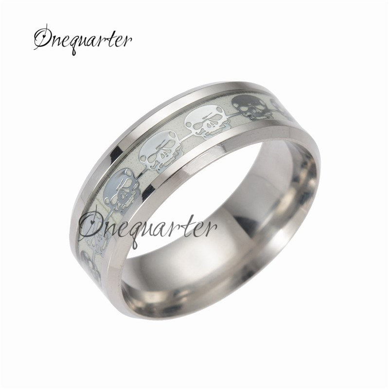 Luminous Skulls Titanium Steel Ring Male Retro Punk Ring Creative Jewelry Gift for Man High Quality Green light Wholesale