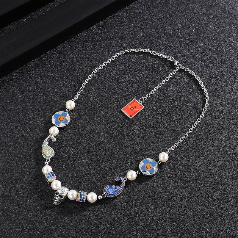 Luokey Trendy Pearl Skull Necklace For Men Women Korea Japan Classic Punk Hip Hop Necklaces Lovers Couples Charm Jewelry