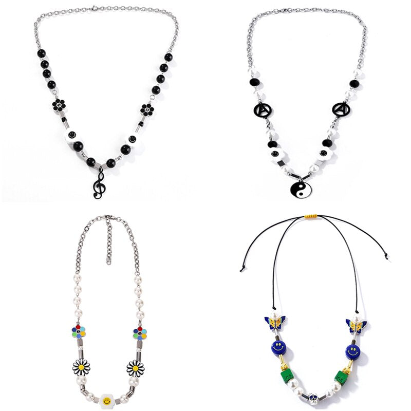 Luokey Hip Hop Butterfly Note Necklace For Women Men Stainless Steel Punk Pearl Clavicle Chain Choker Necklace Charm Jewelry New