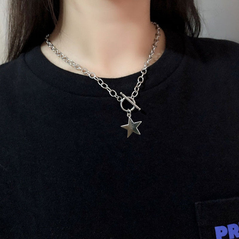 Luokey Korean Harajuku Hip Hop Chain Necklace For Women OT Buckle Star Pendants Necklaces Girls Female Street Style Punk Jewelry