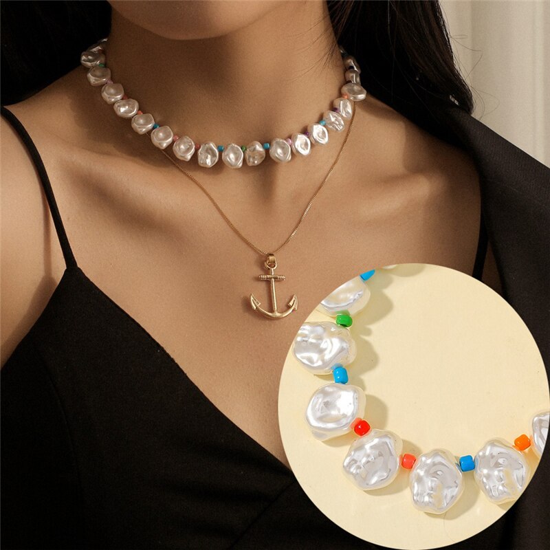 Luokey Trendy Miyuki Bead Baroque Pearl Necklace Layered Clavicle Chain Anchor Pendant Necklace For Women Female Vintage Jewelry