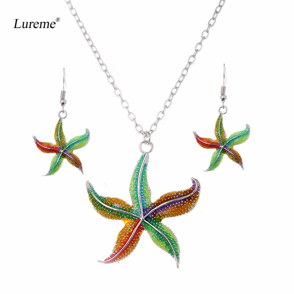 Women's Cute Colorful Enamel Metal Alloy Animal Starfish Necklace Pendant Drop Earrings Jewelry Set (js000687)