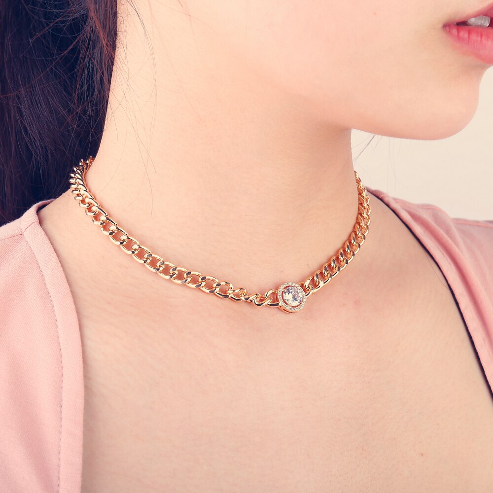 Luxurious Cuban Choker Necklace For Woman Gold Color Thick Chain Big Round CZ Zircon Pendant Punk Necklace Vintage Jewelry Gift