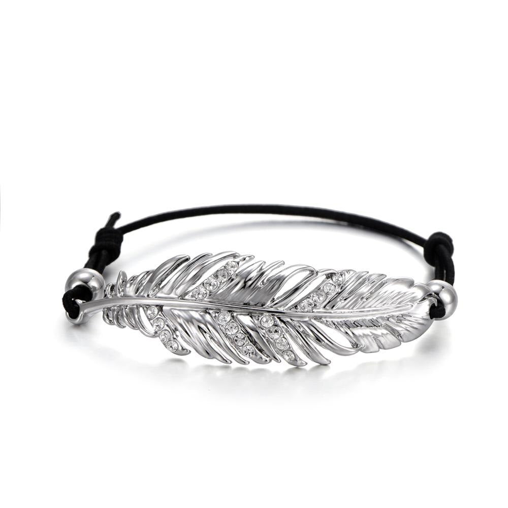Luxurious Feather Pendant Bracelet Gold Silver Color Crystal Leaf Elastic Rope Adjustable Bracelets For Woman Jewelry Gifts New