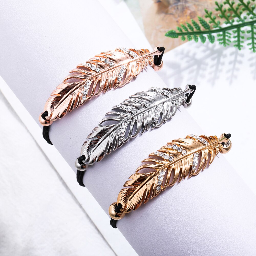 Luxurious Feather Pendant Bracelet Gold Silver Color Crystal Leaf Elastic Rope Adjustable Bracelets For Woman Jewelry Gifts New