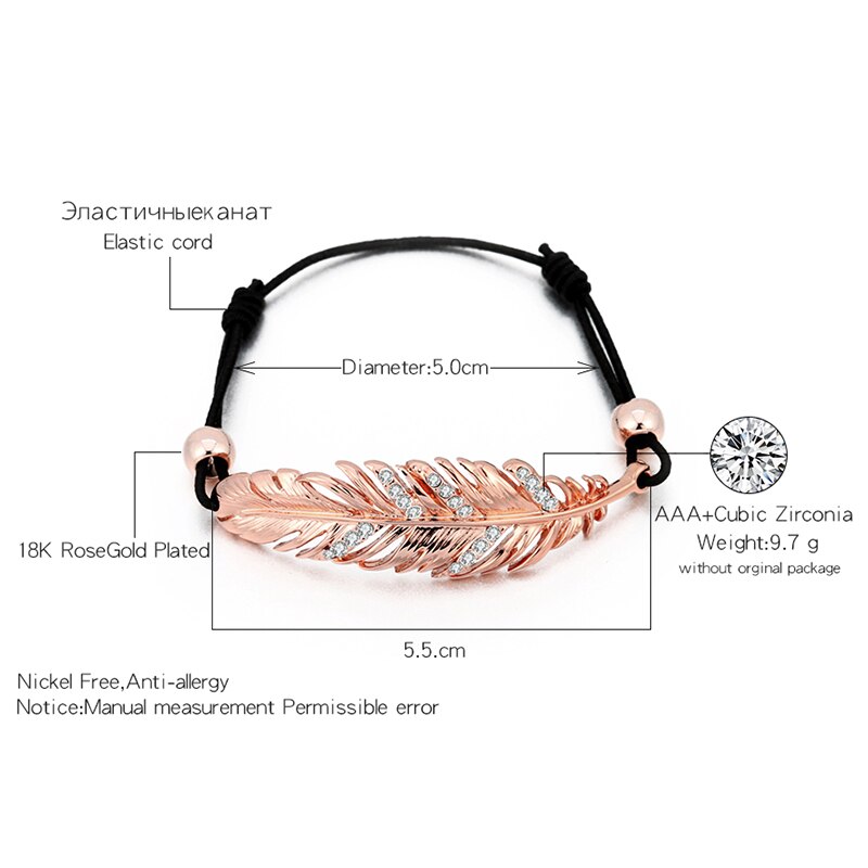 Luxurious Feather Pendant Bracelet Gold Silver Color Crystal Leaf Elastic Rope Adjustable Bracelets For Woman Jewelry Gifts New
