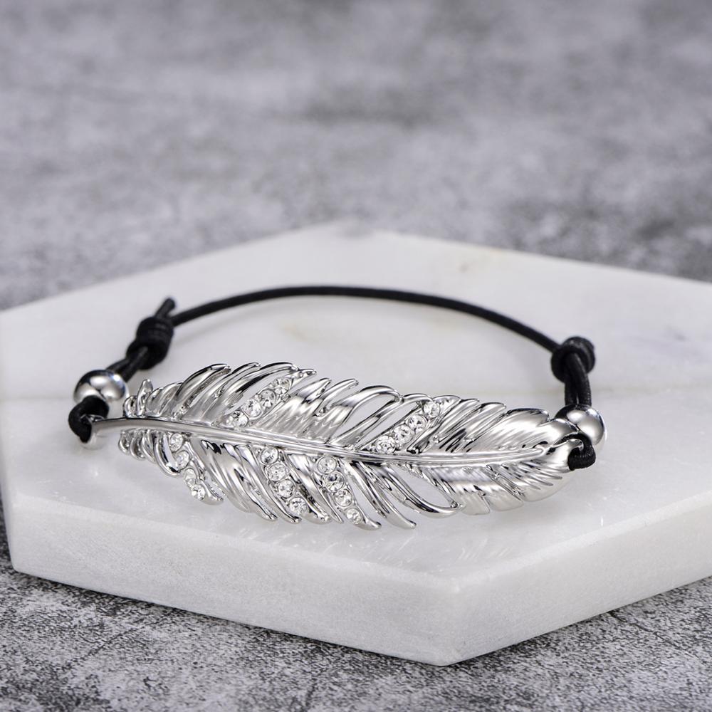 Luxurious Feather Pendant Bracelet Gold Silver Color Crystal Leaf Elastic Rope Adjustable Bracelets For Woman Jewelry Gifts New