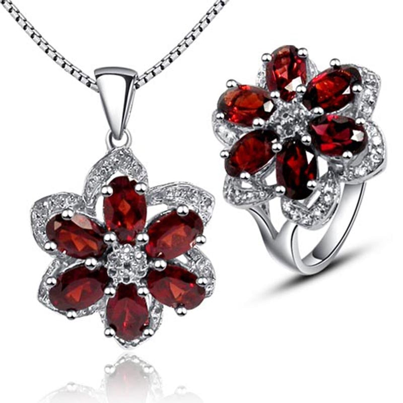 Luxurious red garnet jewelry sets 100% natural red garnet 925 solid sterling silver ring necklace pendant sets fashion girl gift