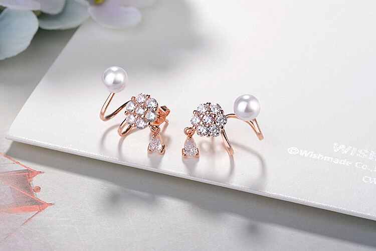 925 Stamp Silver Color Earrings Pearl zirconia snowflake Ear Stud Womens Quality Party Jewelry Gift Christmas