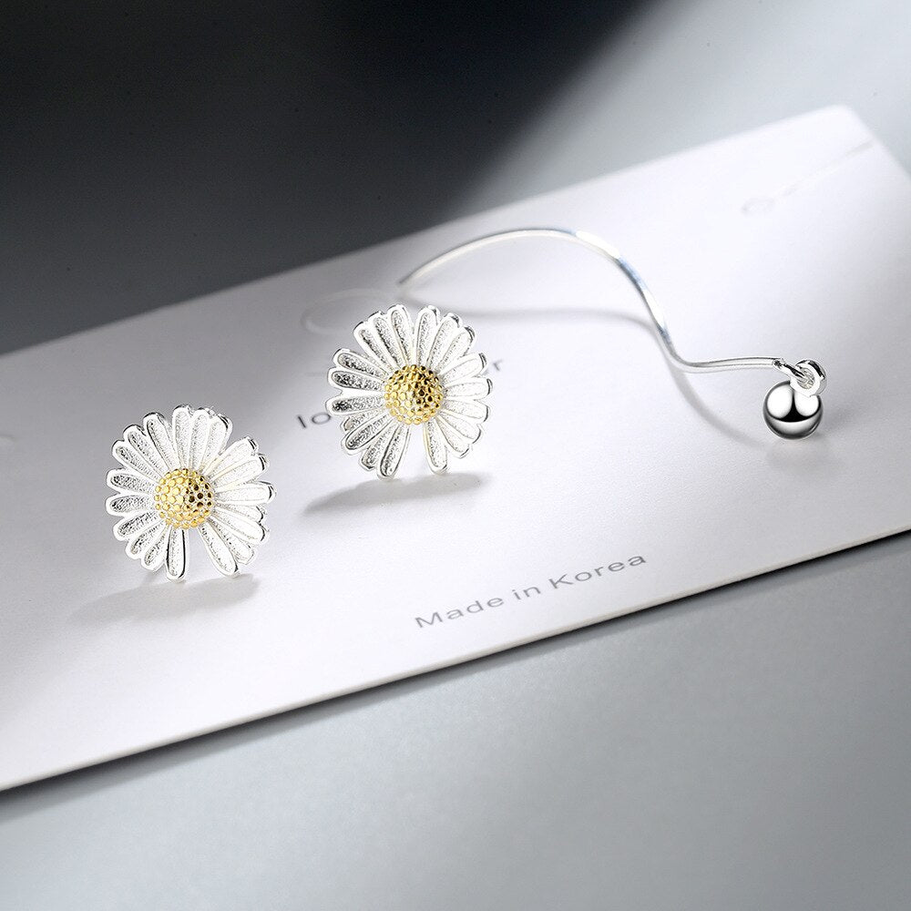 925 Stamp Silver Color Earrings yellow flower Ear Stud Womens  Party Jewelry Love Gift