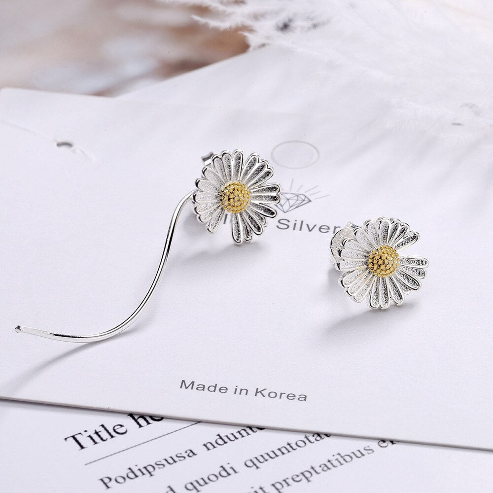 925 Stamp Silver Color Earrings yellow flower Ear Stud Womens  Party Jewelry Love Gift