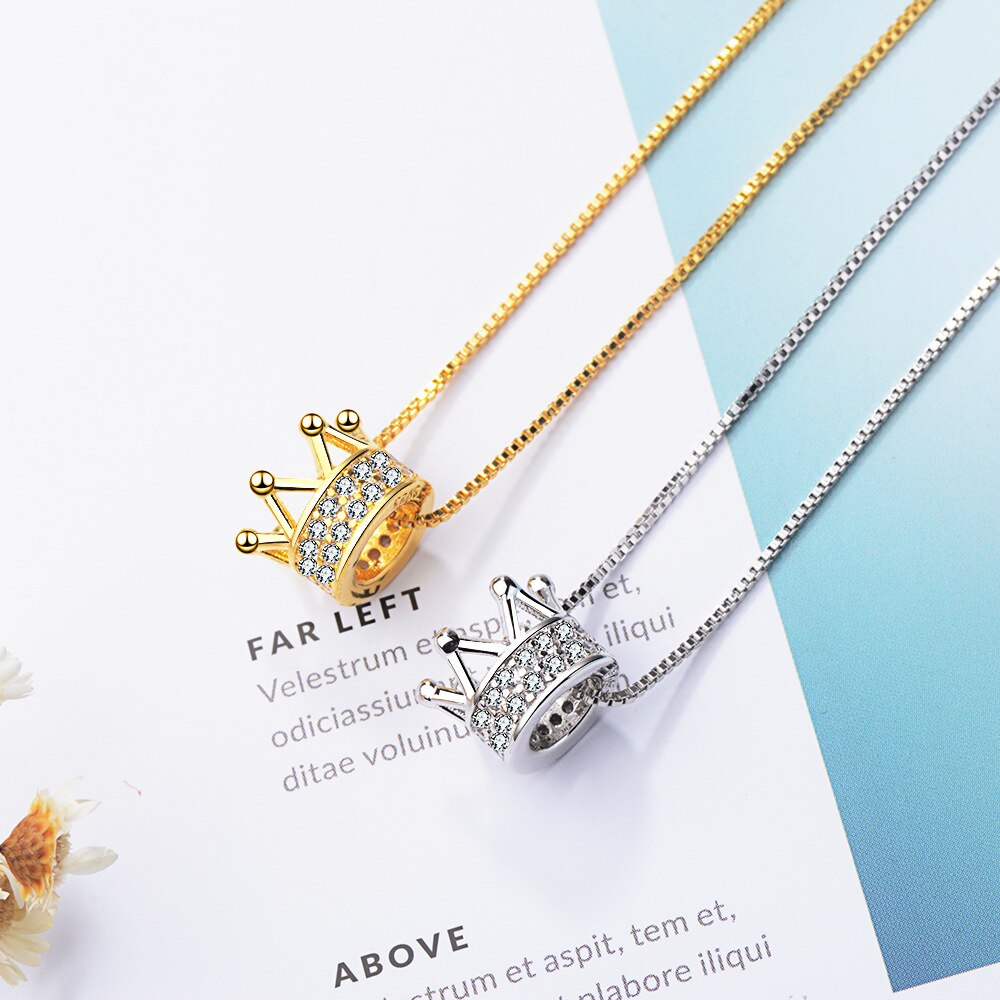 925 Stamp Silver Color Necklace Chain Silver Golden Crown Pendants Link Women Wedding Party Accessory Lucky Jewelry Gift