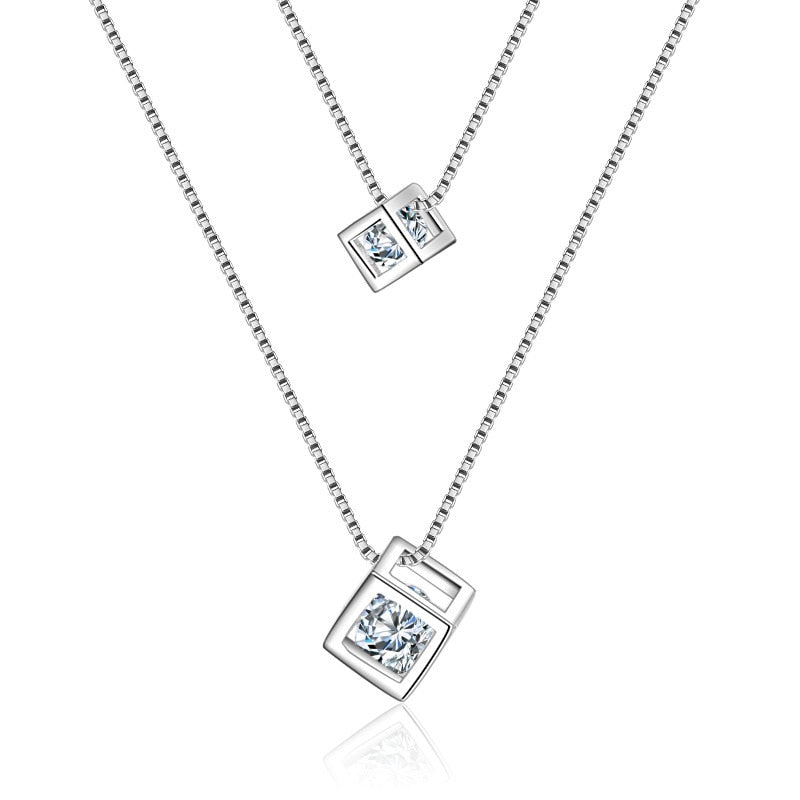 925 Stamp Silver Color Necklace Double Chain Cube Zircon Pendants Link Women Wedding Party Accessory Lucky Jewelry Gift
