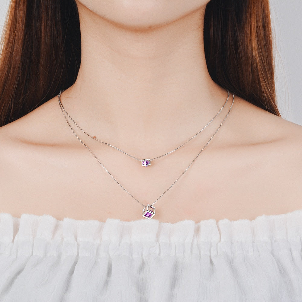 925 Stamp Silver Color Necklace Double Chain Cube Zircon Pendants Link Women Wedding Party Accessory Lucky Jewelry Gift