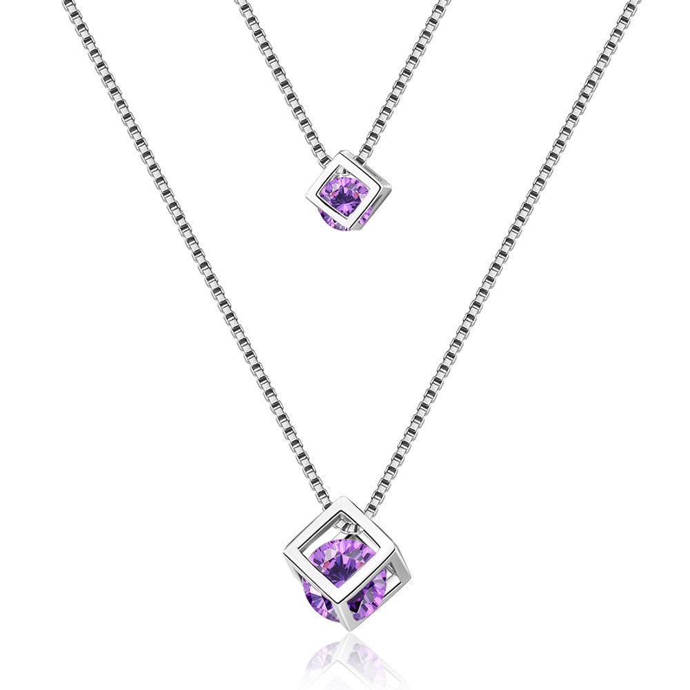 925 Stamp Silver Color Necklace Double Chain Cube Zircon Pendants Link Women Wedding Party Accessory Lucky Jewelry Gift