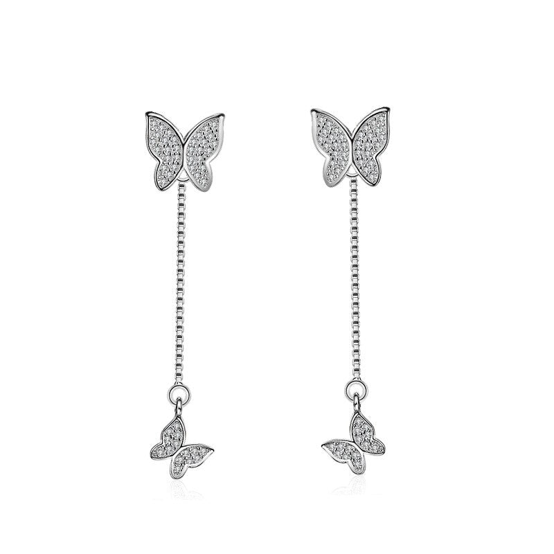 925 Stamp Silver Color Tassels Earrings Butterfly Ear Stud Womens  Party Jewelry Love Gift Christmas