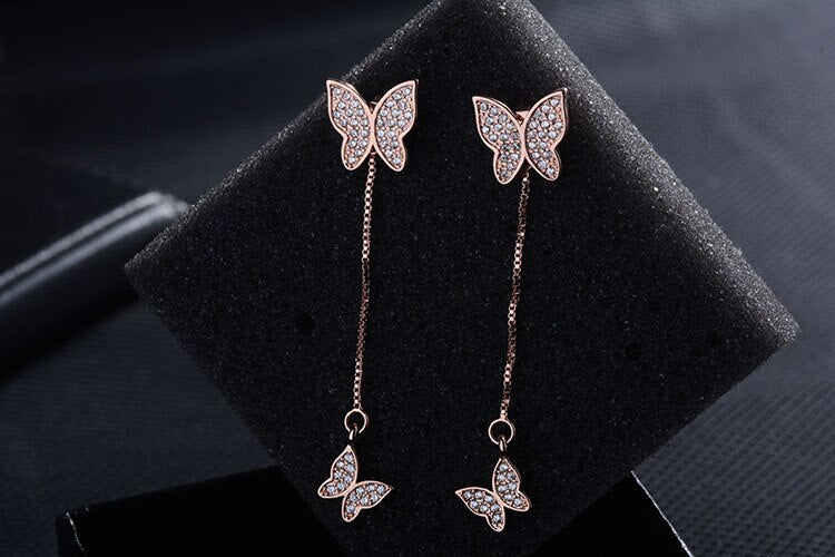 925 Stamp Silver Color Tassels Earrings Butterfly Ear Stud Womens  Party Jewelry Love Gift Christmas