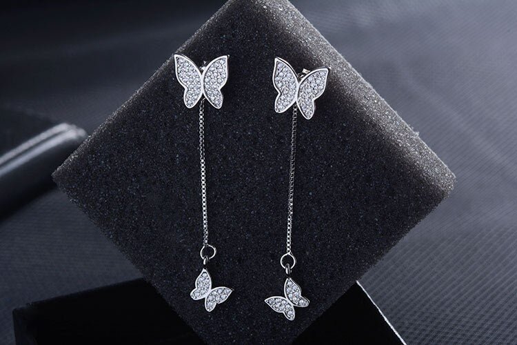 925 Stamp Silver Color Tassels Earrings Butterfly Ear Stud Womens  Party Jewelry Love Gift Christmas