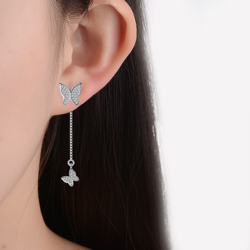925 Stamp Silver Color Tassels Earrings Butterfly Ear Stud Womens  Party Jewelry Love Gift Christmas