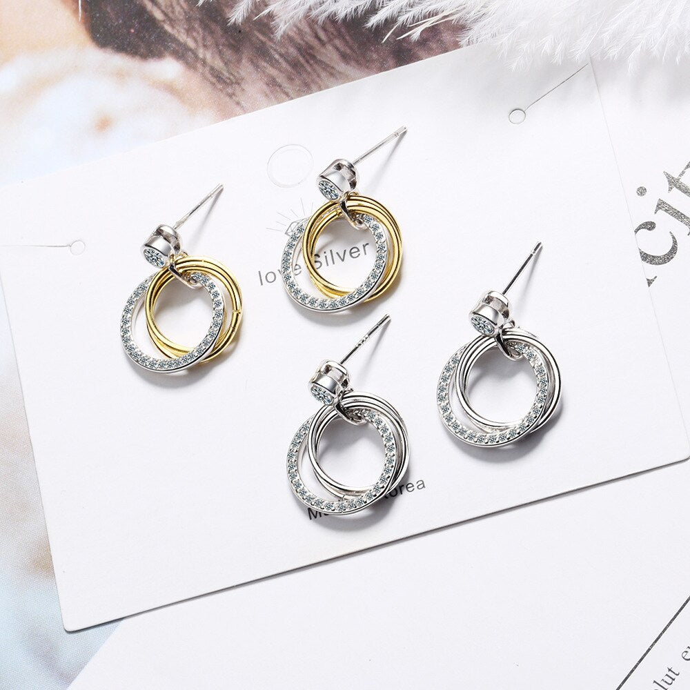 925 Stamp Silver Color Women Jewelry Earrings Mini Double Round Zircon Dangle Stud Earing Vintage Charm Girls Gifts