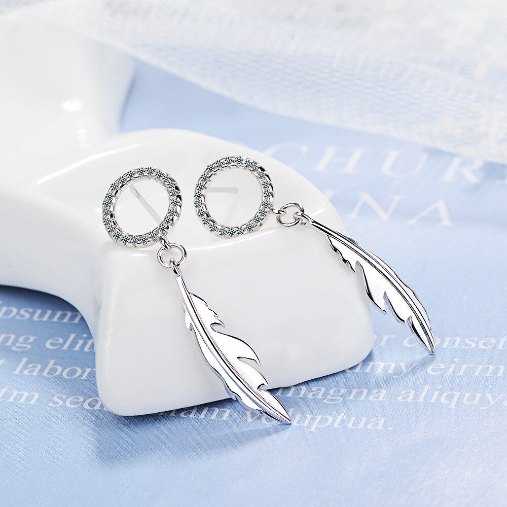 925 Stamp Silver Color Women Jewelry Animal Earrings Feather Dangle Round Stud Earing Vintage Charm Girls