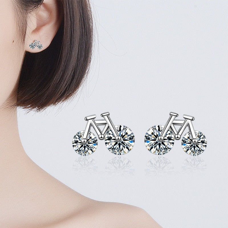 925 Stamp Silver Color Women Jewelry Earrings Bicycle Zircon Style Stud Earing Charm Girls Gifts Christmas