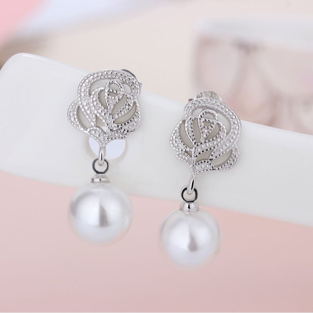925 Stamp Silver Color Women Jewelry Earrings Flower Pearl Dangle Stud Earing Vintage Charm Girls Gifts