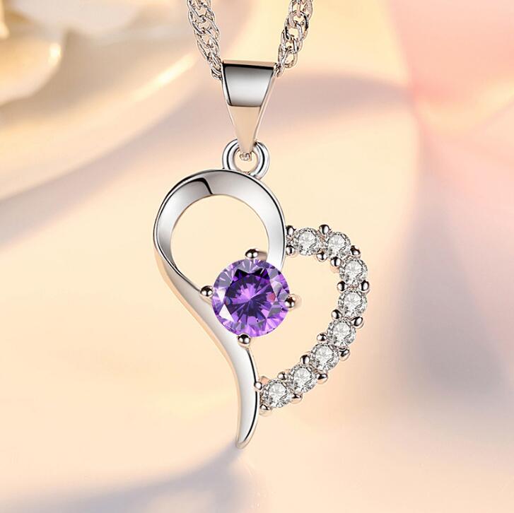 925 Stamped Silver purple crystal romantic heart pendant Necklace for Women party wedding Jewelry Holiday gifts