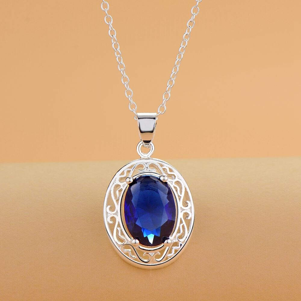 925 Stamped Silver romantic Blue Crystal Oval Pendant Necklace For Women party wedding accessories Jewelry gifts