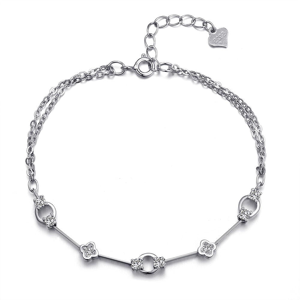 Luxury 925 Sterling Silver Chain Link Bracelets For Women Ladies Crystal Flower Double Chains Bracelet Femme 2020 W4 BA011