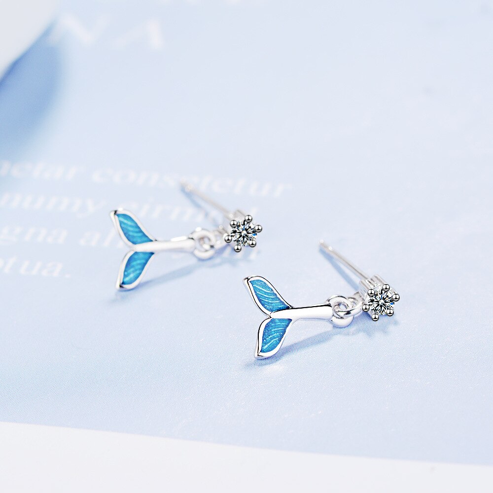 925 Sterling Silver Women Jewelry Animal Earrings Blue Fish Tail Dangle Stud Earing Vintage Charm Girls Gifts
