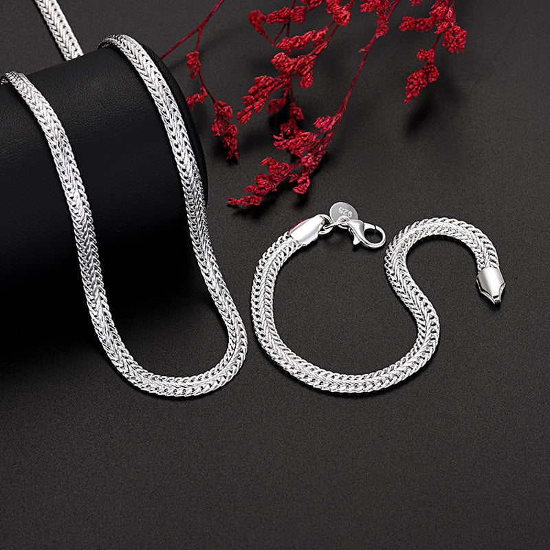 925 Sterling silver fine 6MM geometry chain bracelet neckalce jewelry set for women man Party wedding Accessories
