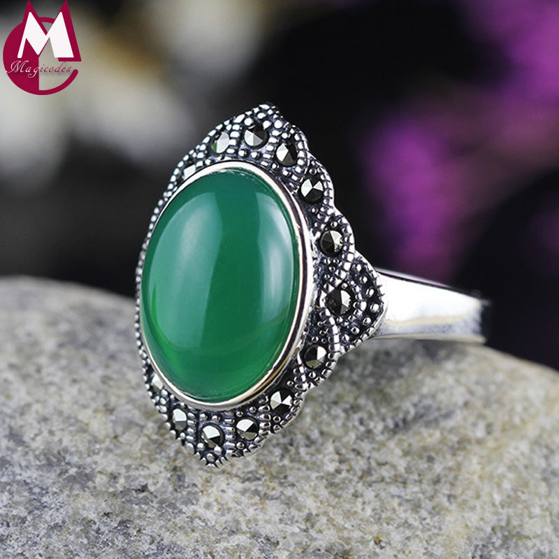 Luxury Big Green Agate Wedding Engagement Valentines D Gift 100% Sterling Silver 925 Jewelry Opening Rings For Women SR72