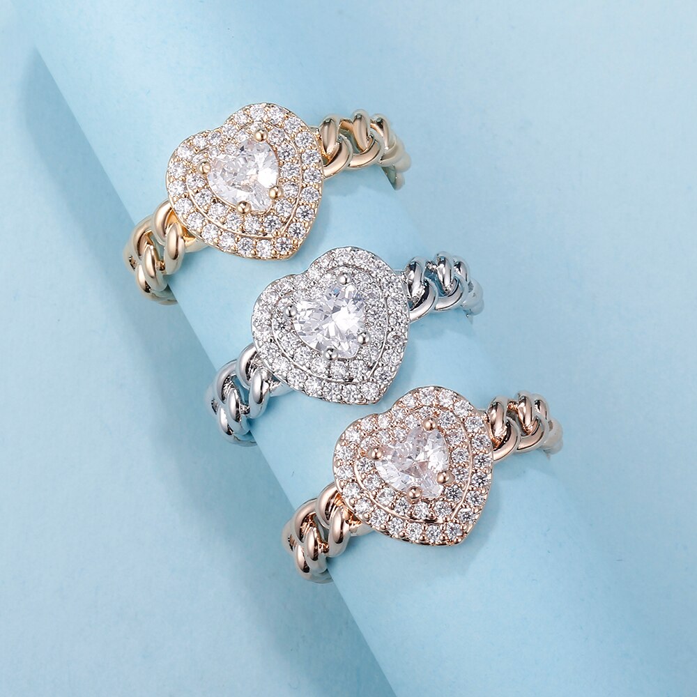 Bling Bling CZ Heart Rings for Women Gold Silvery Rose Gold Wedding Engagement Chain Rings Jewellery Party Gifts 2022