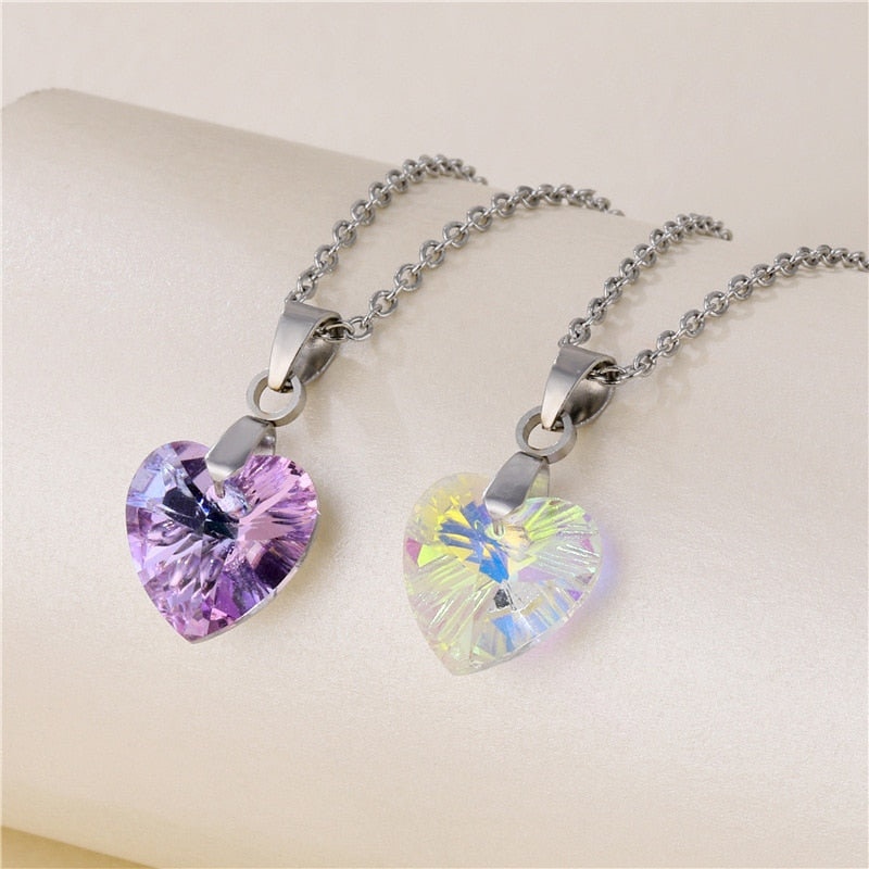 Bling Crystal Colorful Heart Pendant Necklace  Exquisite Stainless Steel Women Choker Wedding Bridal Jewelry