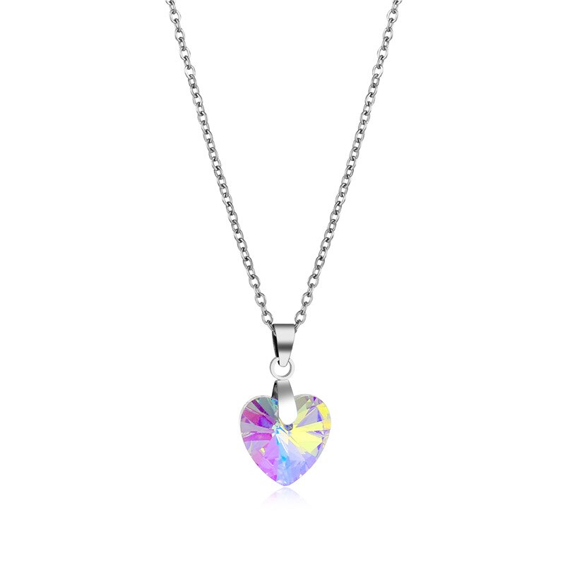 Bling Crystal Colorful Heart Pendant Necklace  Exquisite Stainless Steel Women Choker Wedding Bridal Jewelry