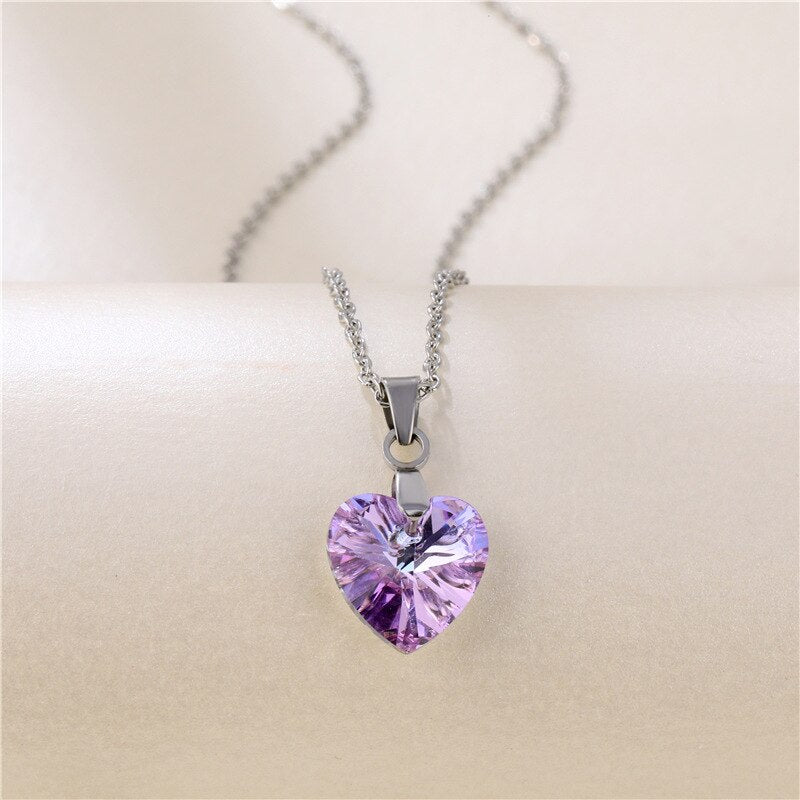Bling Crystal Colorful Heart Pendant Necklace  Exquisite Stainless Steel Women Choker Wedding Bridal Jewelry