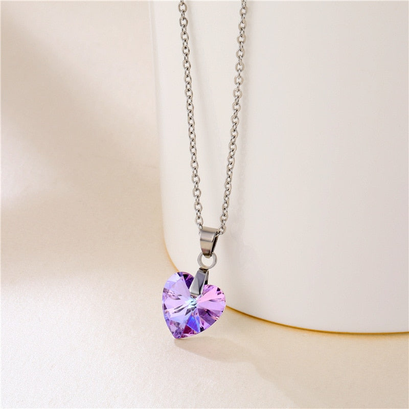 Bling Crystal Colorful Heart Pendant Necklace  Exquisite Stainless Steel Women Choker Wedding Bridal Jewelry
