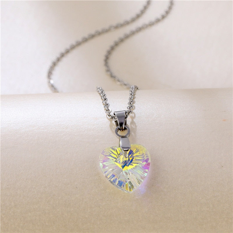 Bling Crystal Colorful Heart Pendant Necklace  Exquisite Stainless Steel Women Choker Wedding Bridal Jewelry