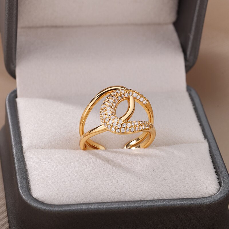 Bling Zircon Rings for Women Open Geometry Stainless Steel Zirconia Adjustable Ring Couple Wedding Jewerly bague femme