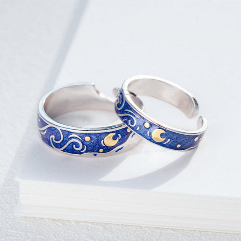 Brand Van Gogh Night Open Rings For Women Men Simple Design Silver Color Lovers Blue Starry Sky Ring Party Jewelry A946