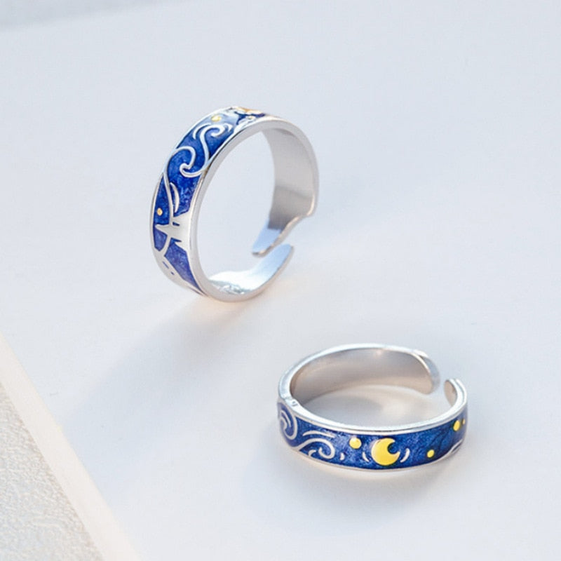 Brand Van Gogh Night Open Rings For Women Men Simple Design Silver Color Lovers Blue Starry Sky Ring Party Jewelry A946