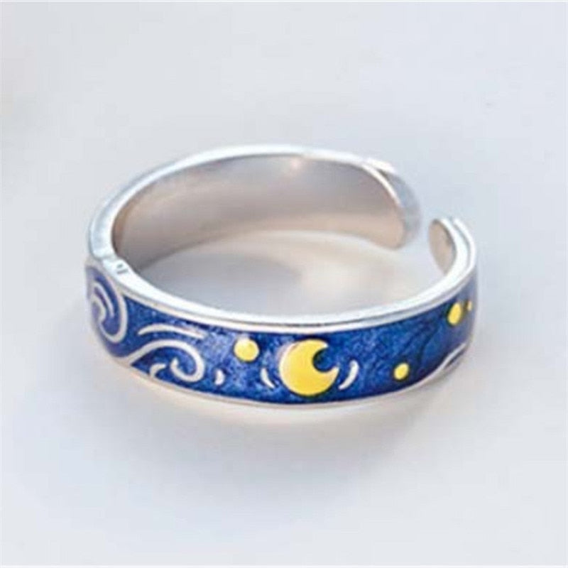 Brand Van Gogh Night Open Rings For Women Men Simple Design Silver Color Lovers Blue Starry Sky Ring Party Jewelry A946
