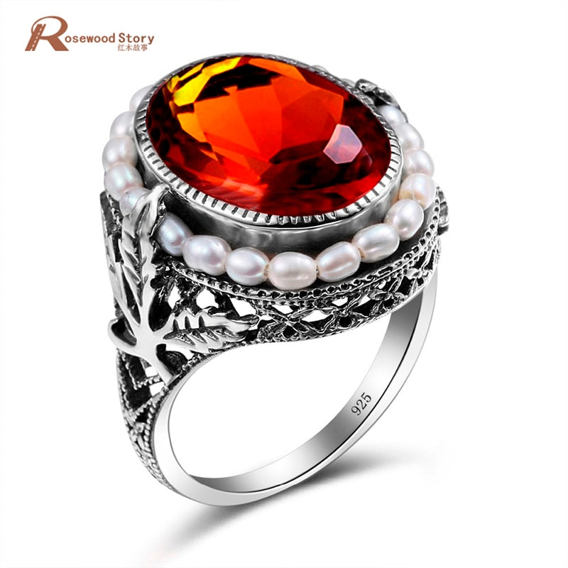 Luxury Brown Stone Natural Pearl Solid 925 Silver Amber Crystal Ring Punk Wedding Rings For Women Engagement Vintage Jewelry