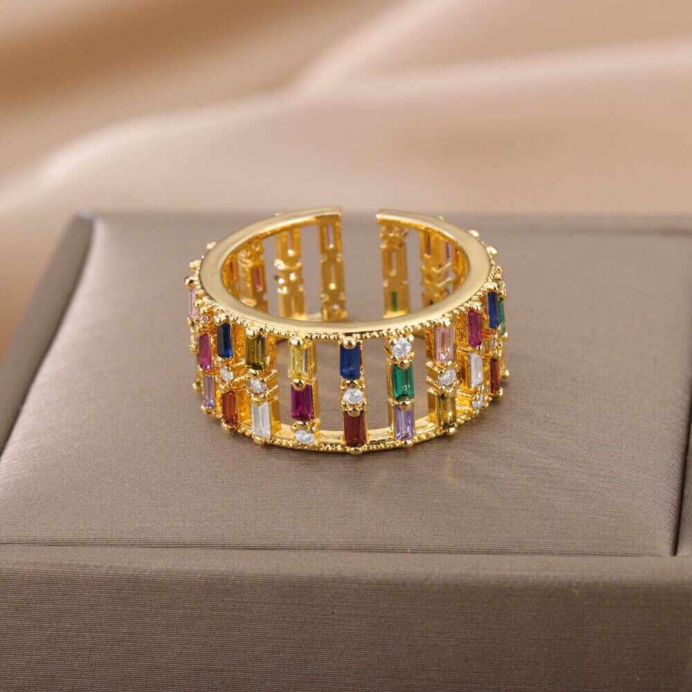 Colorful Zircon Rings for Women Open Stainless Steel Gold Plated Couple Ring Eternity Promise Wedding Jewerly anillos