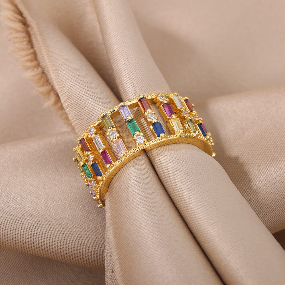 Colorful Zircon Rings for Women Open Stainless Steel Gold Plated Couple Ring Eternity Promise Wedding Jewerly anillos