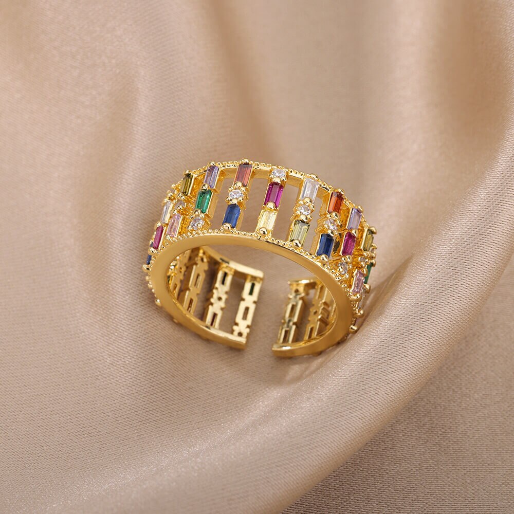 Colorful Zircon Rings for Women Open Stainless Steel Gold Plated Couple Ring Eternity Promise Wedding Jewerly anillos