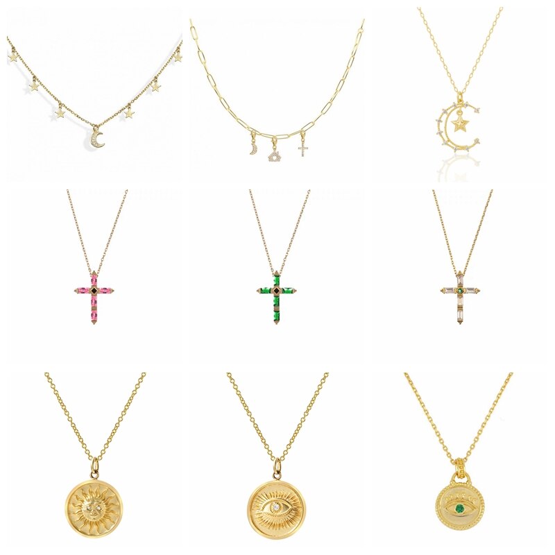 Copper Moon Star Eye Cross Pendant Necklaces for Ladies Friend Birthday Gift Multilayer Chain Necklace Colgante Collares